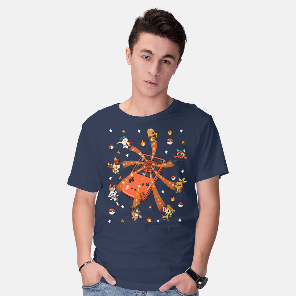 Model wearing navy Catch Fire – Anime Graphic T-Shirt