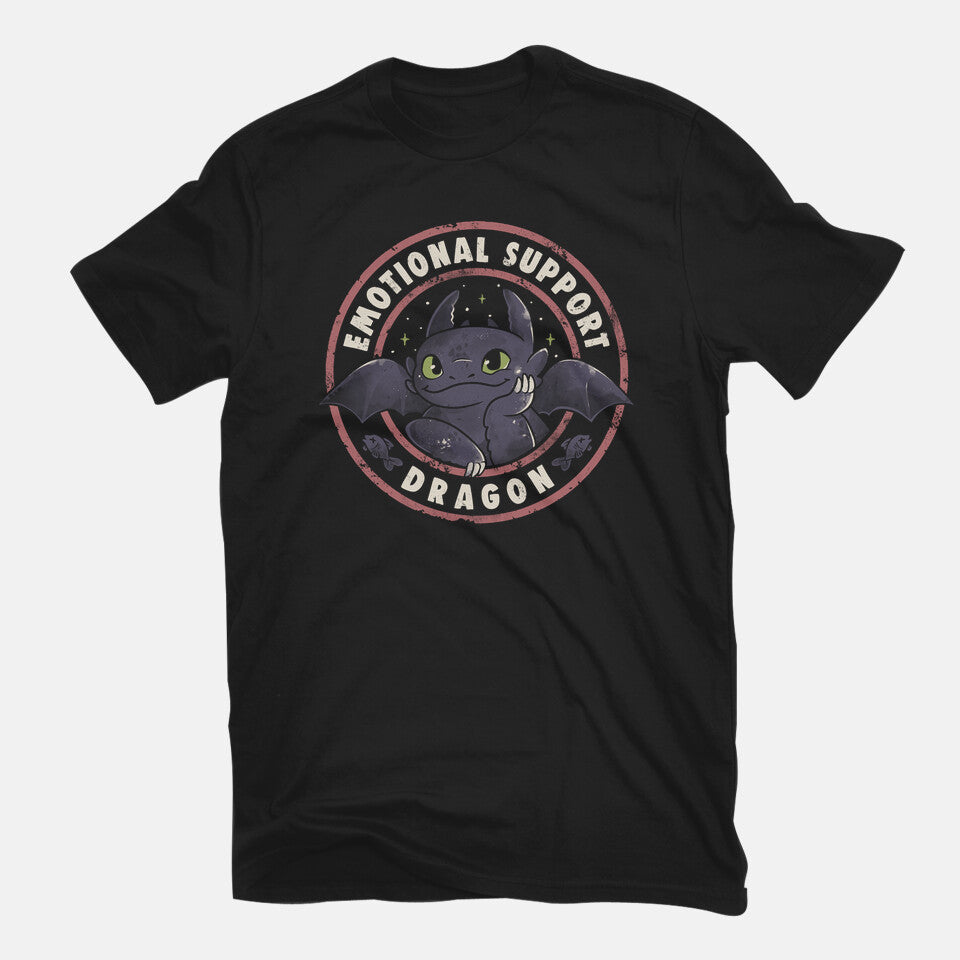 Emotional Support Dragon – Fantasy Graphic T-Shirt in black, flat-lay product view