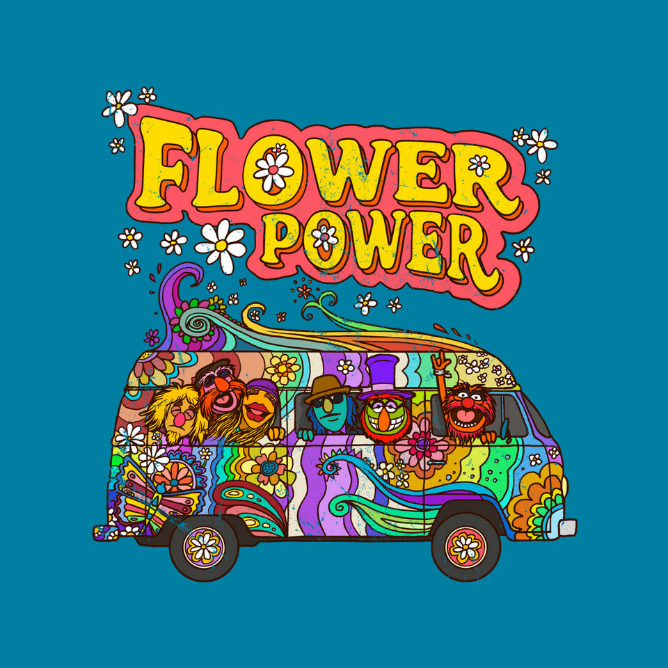 Flower Power Bus – Movie Graphic T-Shirt design artwork for turquoise graphic T-shirt
