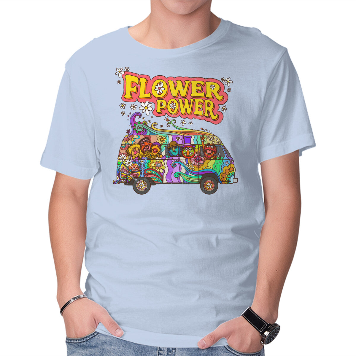 Flower Power Bus – Movie Graphic T-Shirt in blue, product display