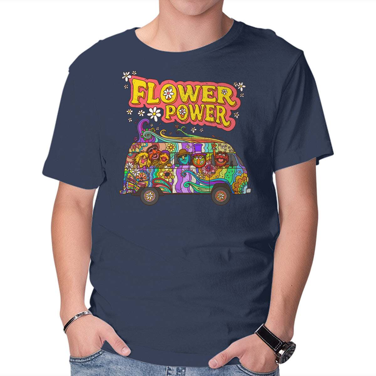 Flower Power Bus – Movie Graphic T-Shirt in navy, product display