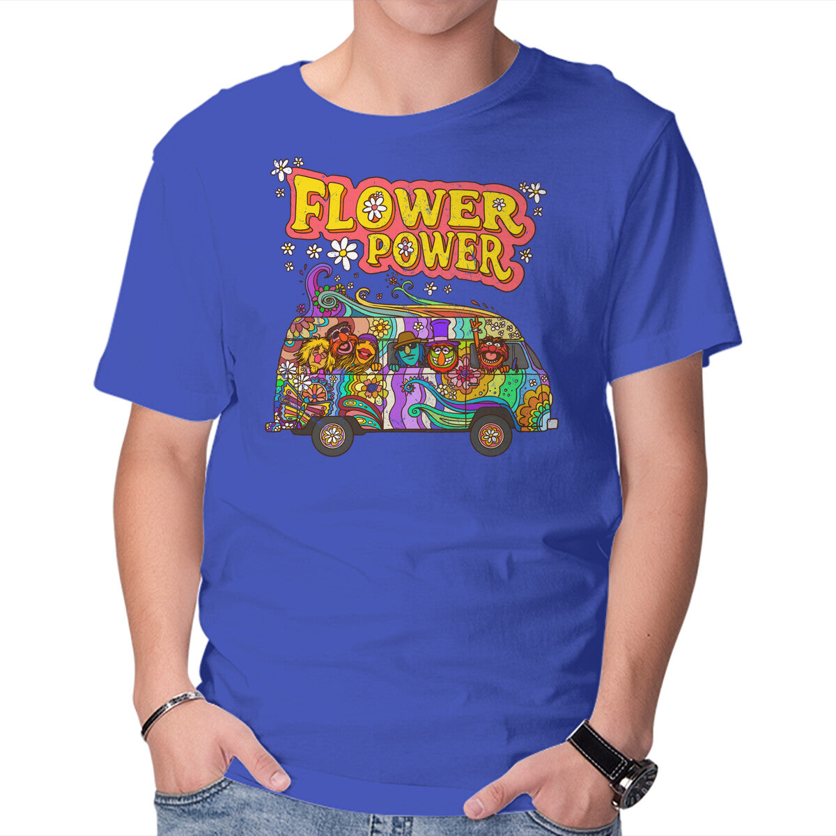 Flower Power Bus – Movie Graphic T-Shirt in royal blue, product display