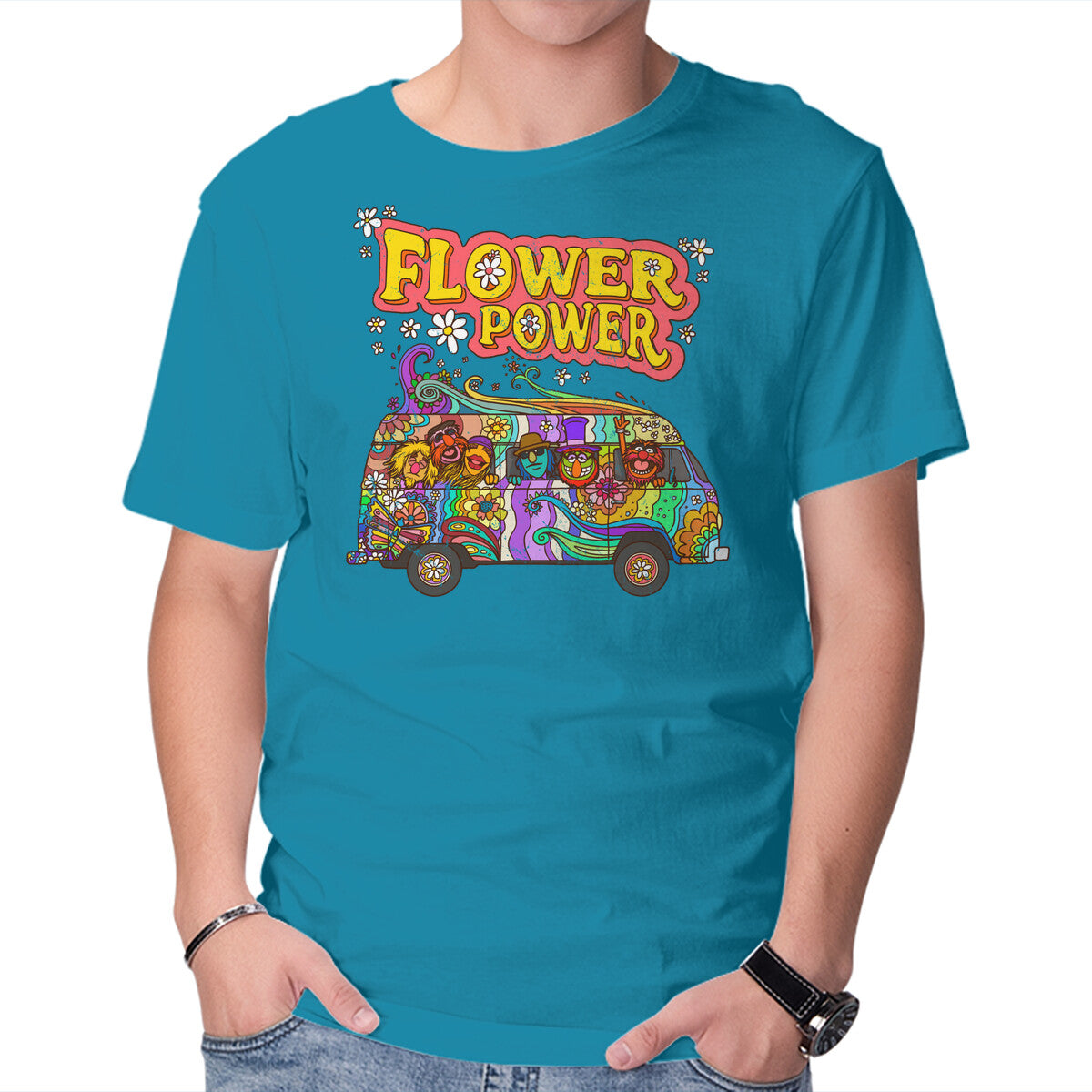 Flower Power Bus – Movie Graphic T-Shirt in turquoise, product display
