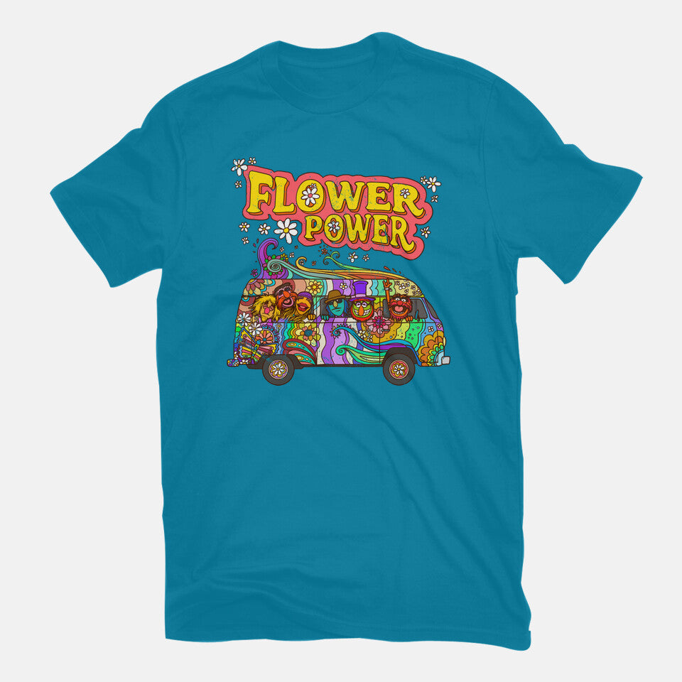 Flower Power Bus – Movie Graphic T-Shirt in turquoise, flat-lay product view