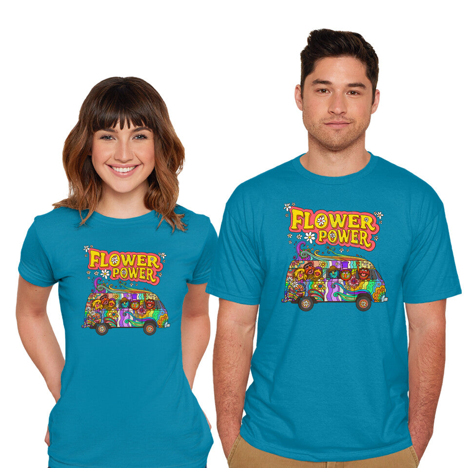 Model wearing turquoise Flower Power Bus – Movie Graphic T-Shirt