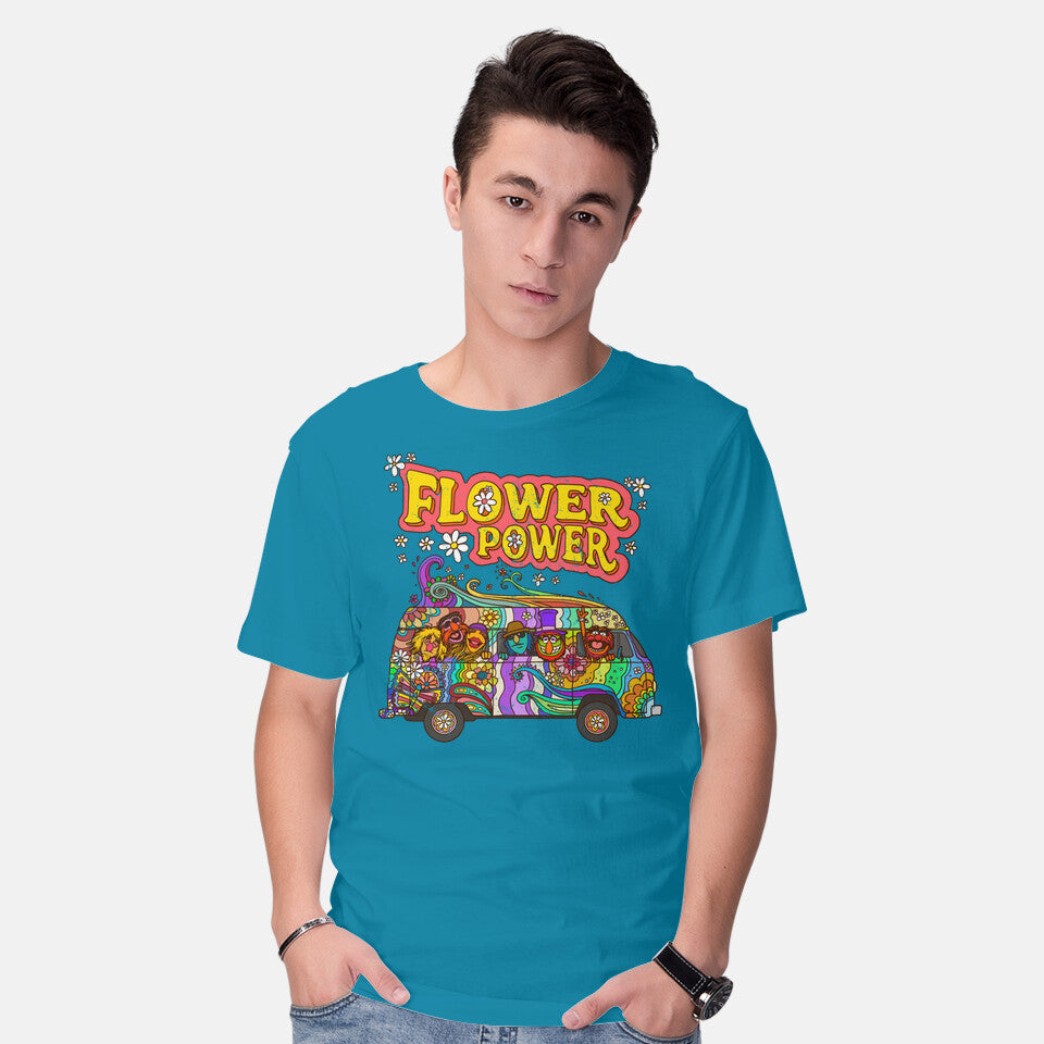 Model wearing turquoise Flower Power Bus – Movie Graphic T-Shirt