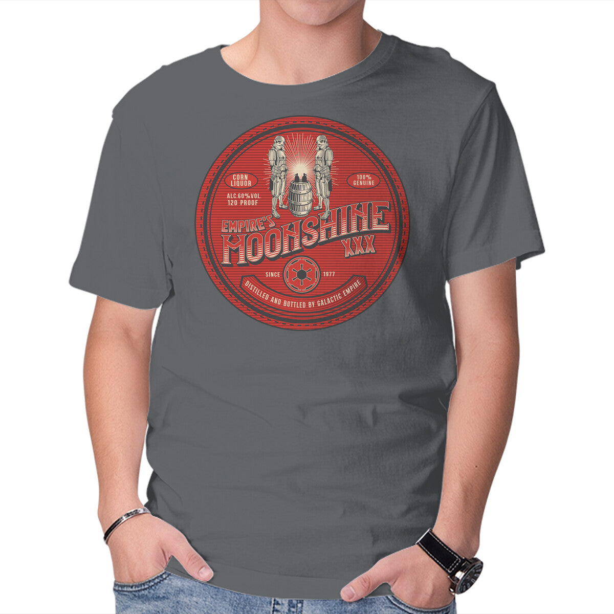 Empire's Moonshine – Sci-Fi Graphic T-Shirt in charcoal, product display