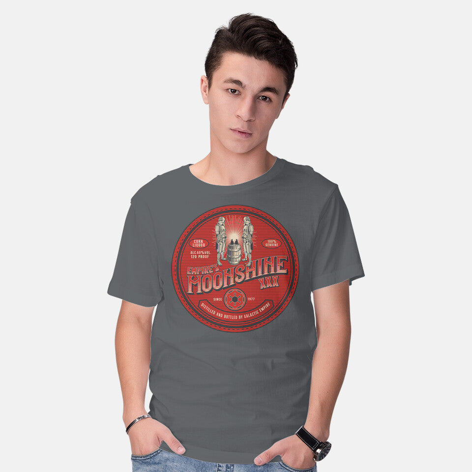 Model wearing charcoal Empire's Moonshine – Sci-Fi Graphic T-Shirt