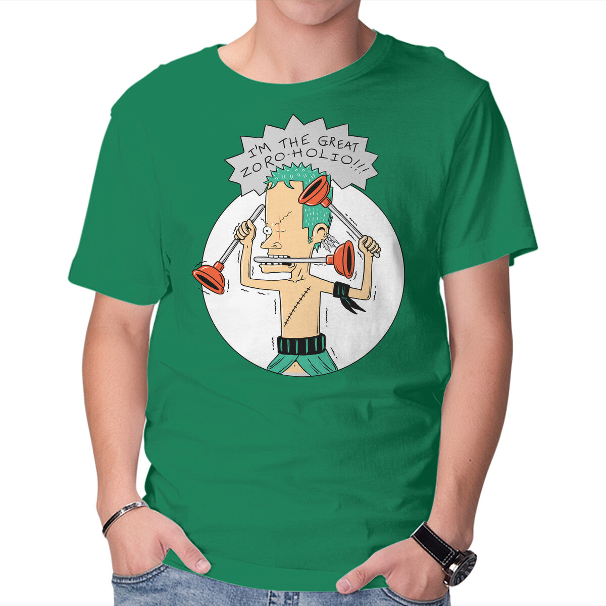 The Great Zoroholio – Anime Graphic T-Shirt in green, product display
