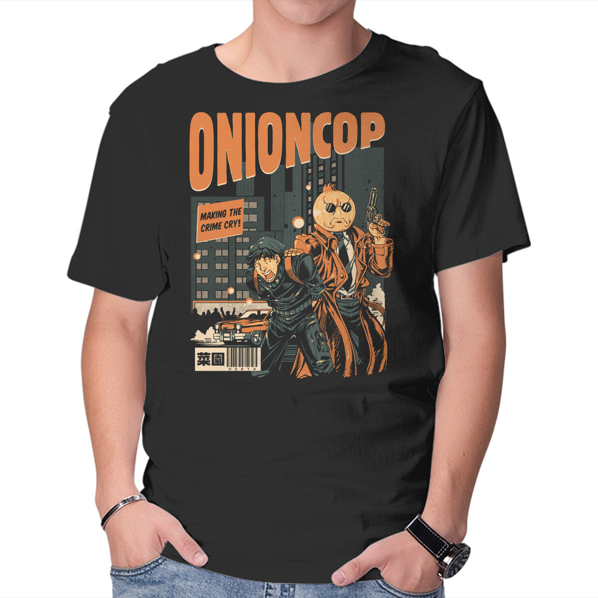Onion Cop – Retro Graphic T-Shirt in black, product display