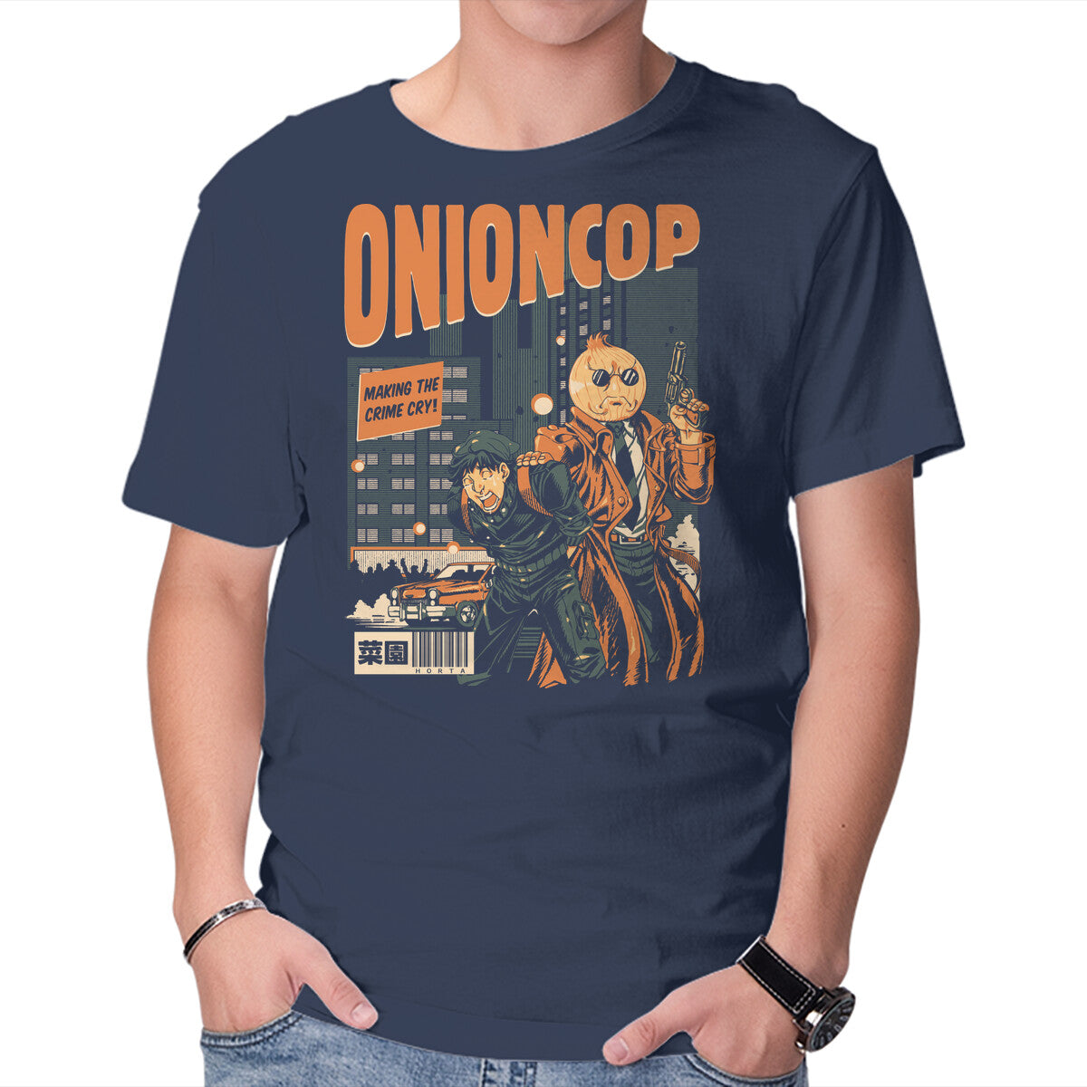Onion Cop – Retro Graphic T-Shirt in navy, product display