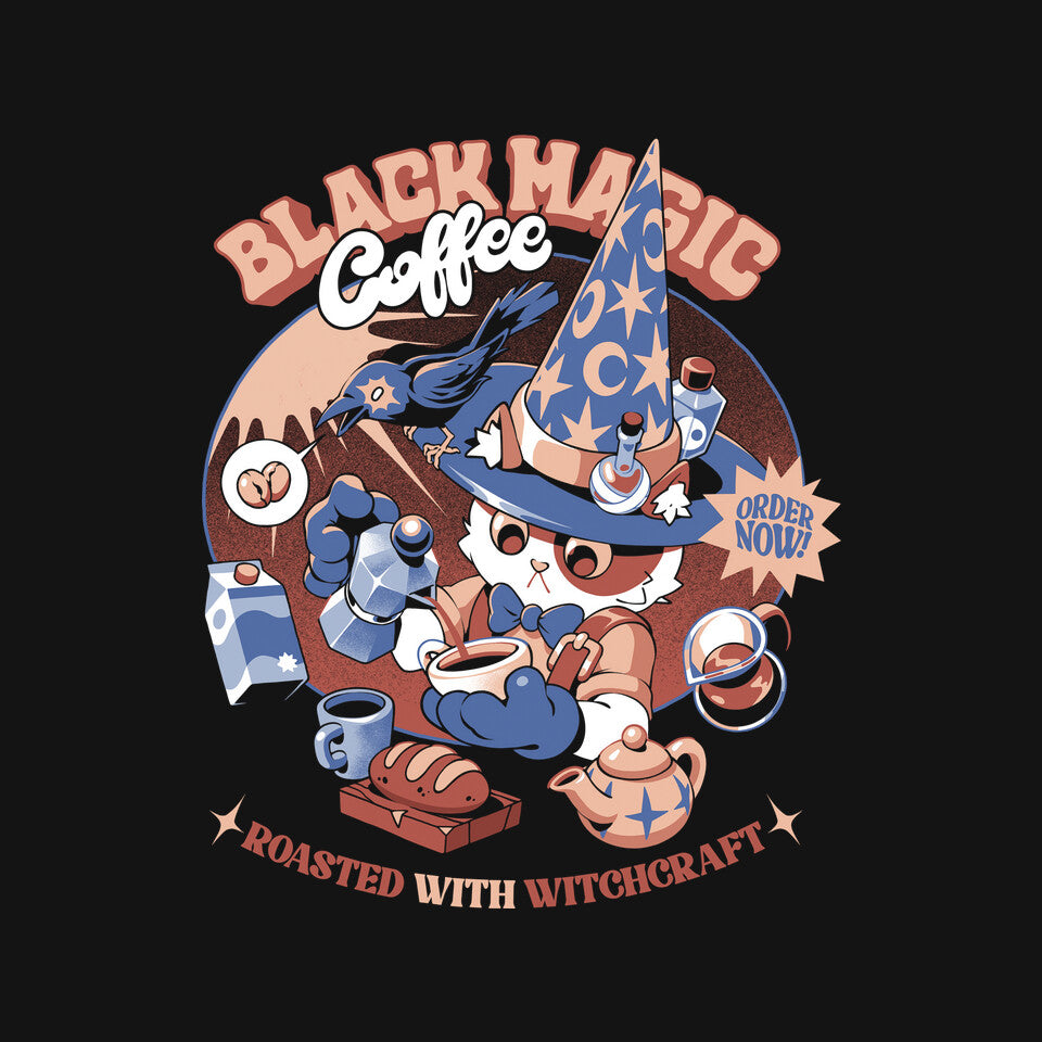 Roasted With Witchcraft – Cat Graphic T-Shirt design artwork for black graphic T-shirt