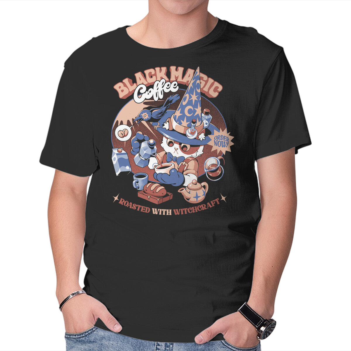 Roasted With Witchcraft – Cat Graphic T-Shirt in black, product display