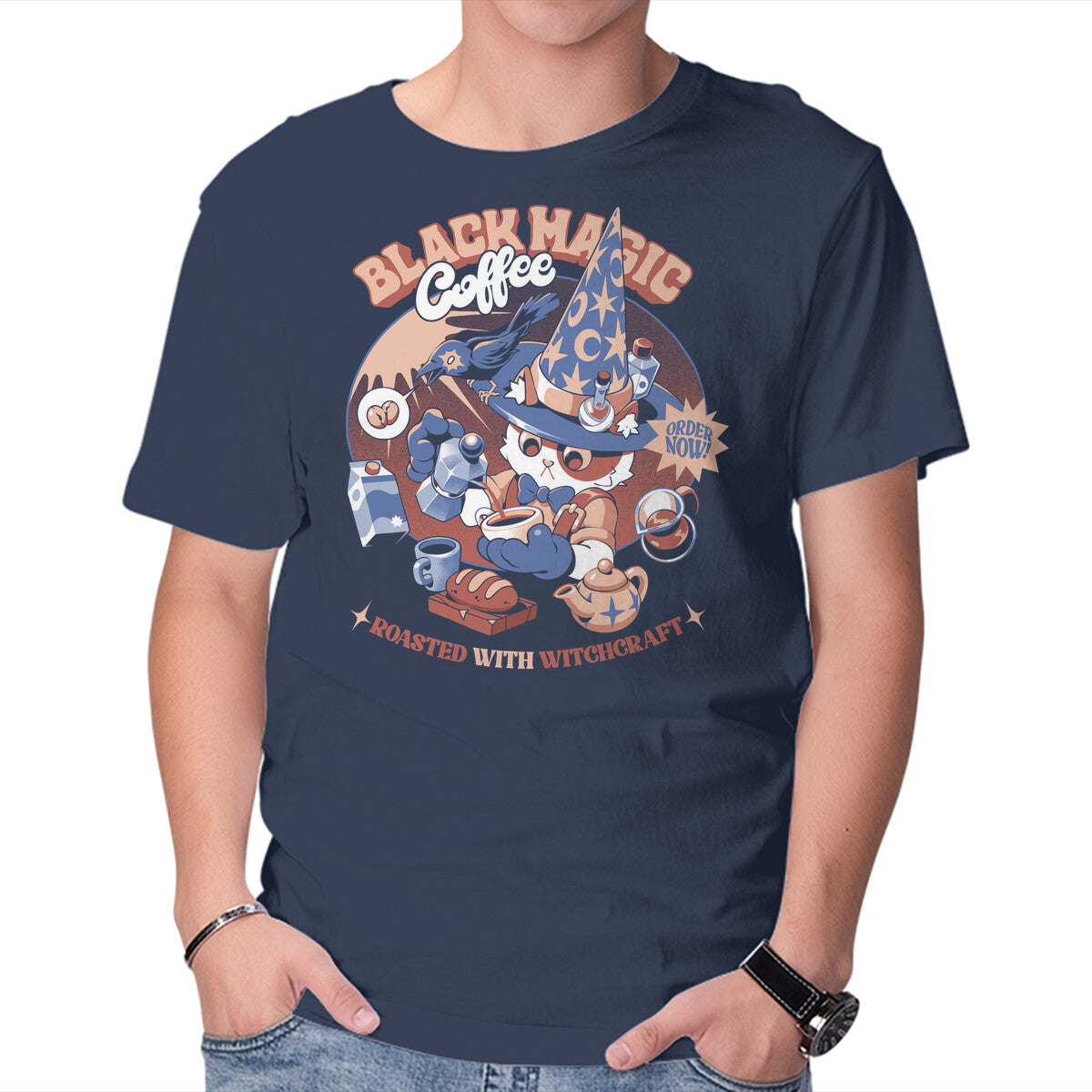 Roasted With Witchcraft – Cat Graphic T-Shirt in navy, product display