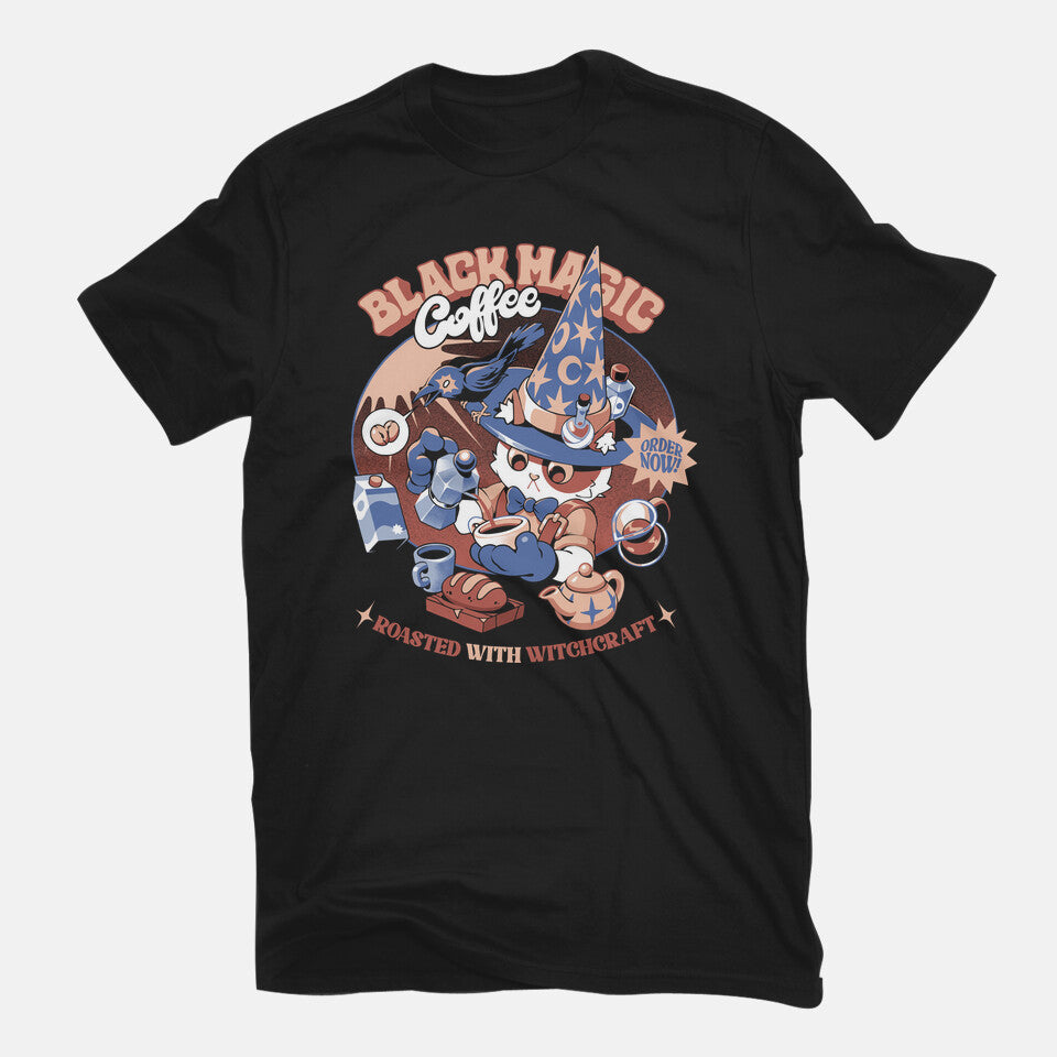Roasted With Witchcraft – Cat Graphic T-Shirt in black, flat-lay product view