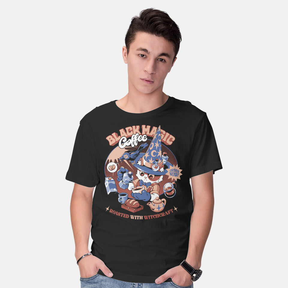 Model wearing black Roasted With Witchcraft – Cat Graphic T-Shirt