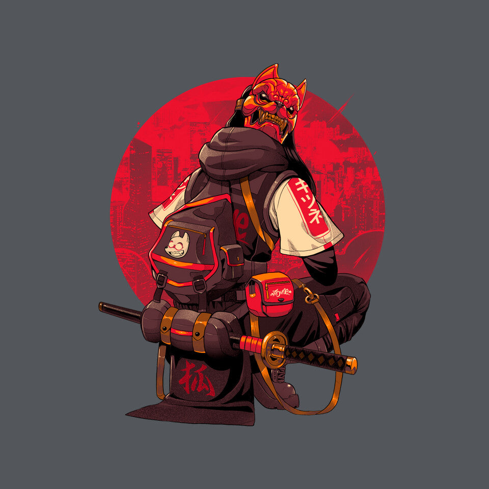 Red Kitsune Samurai Graphic T-Shirt design artwork for charcoal graphic T-shirt