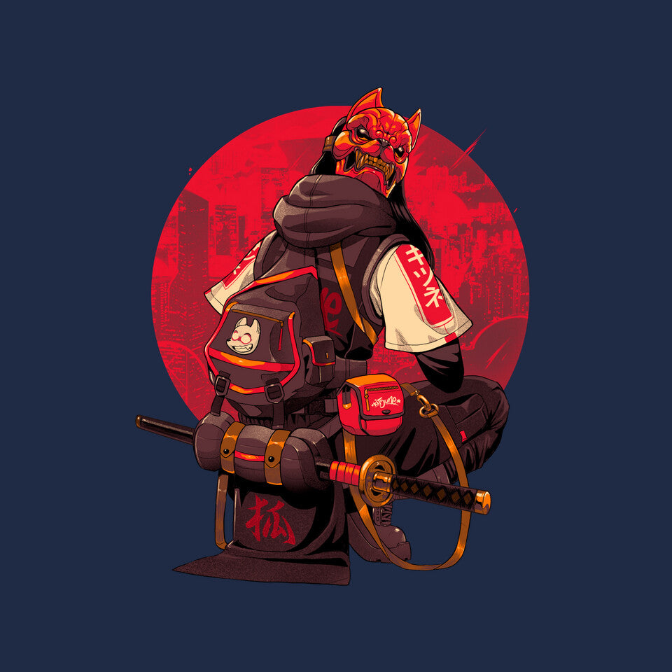 Red Kitsune Samurai Graphic T-Shirt design artwork for navy graphic T-shirt