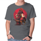 Red Kitsune Samurai Graphic T-Shirt in charcoal, product display