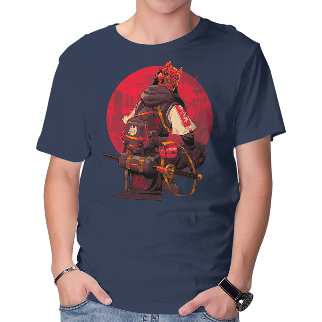 Red Kitsune Samurai Graphic T-Shirt in navy, product display