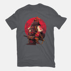 Red Kitsune Samurai Graphic T-Shirt in charcoal, flat-lay product view