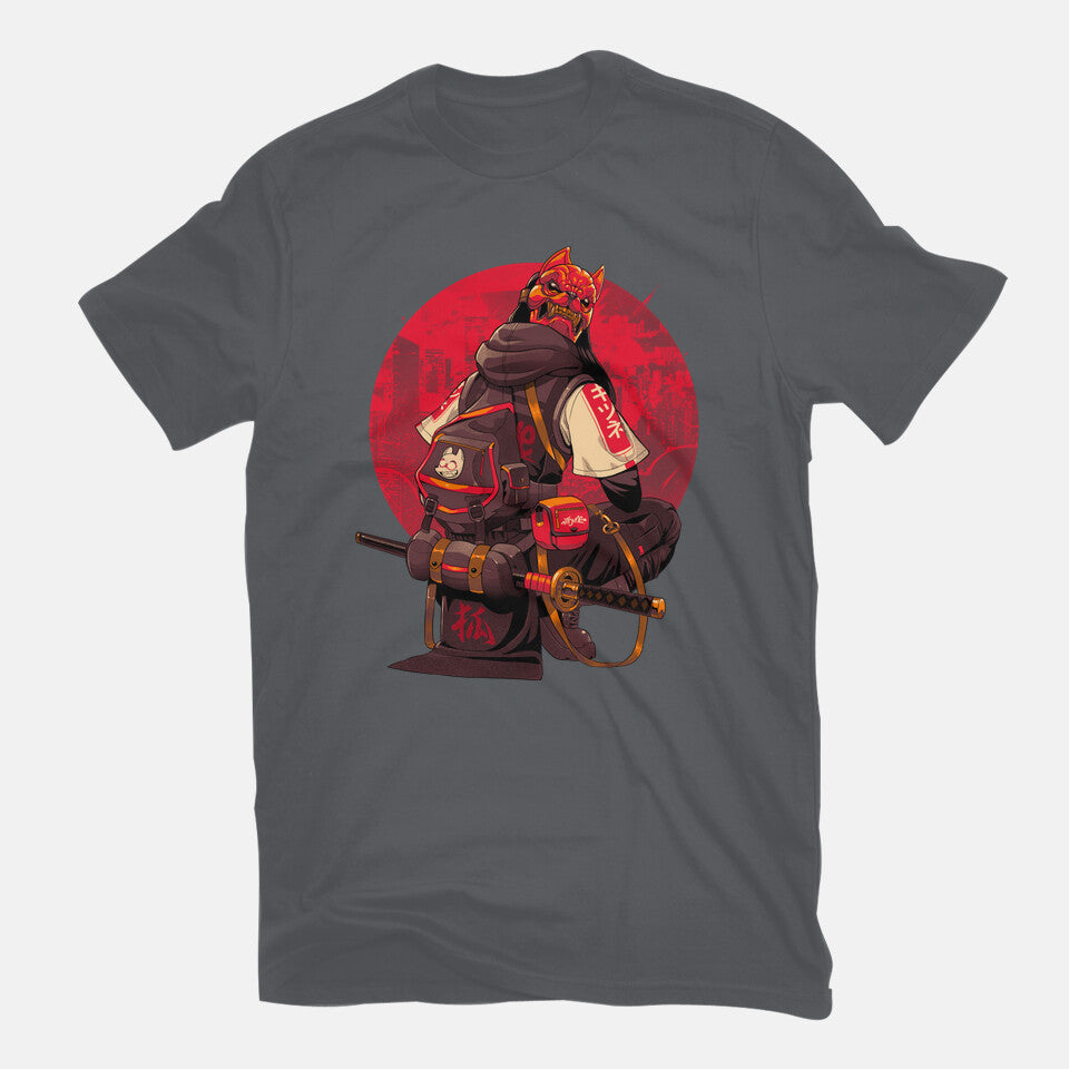 Red Kitsune Samurai Graphic T-Shirt in charcoal, flat-lay product view