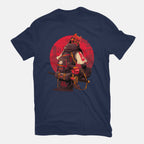Red Kitsune Samurai Graphic T-Shirt in navy, flat-lay product view