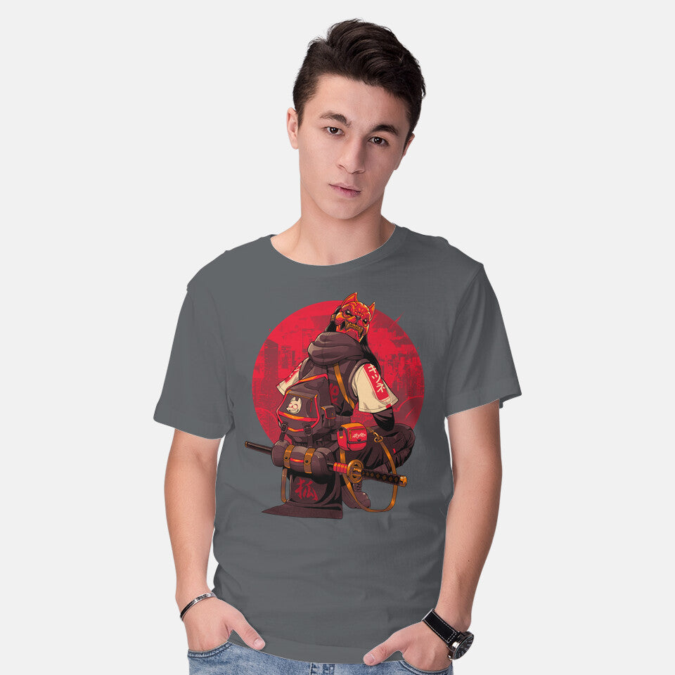 Model wearing charcoal Red Kitsune Samurai Graphic T-Shirt