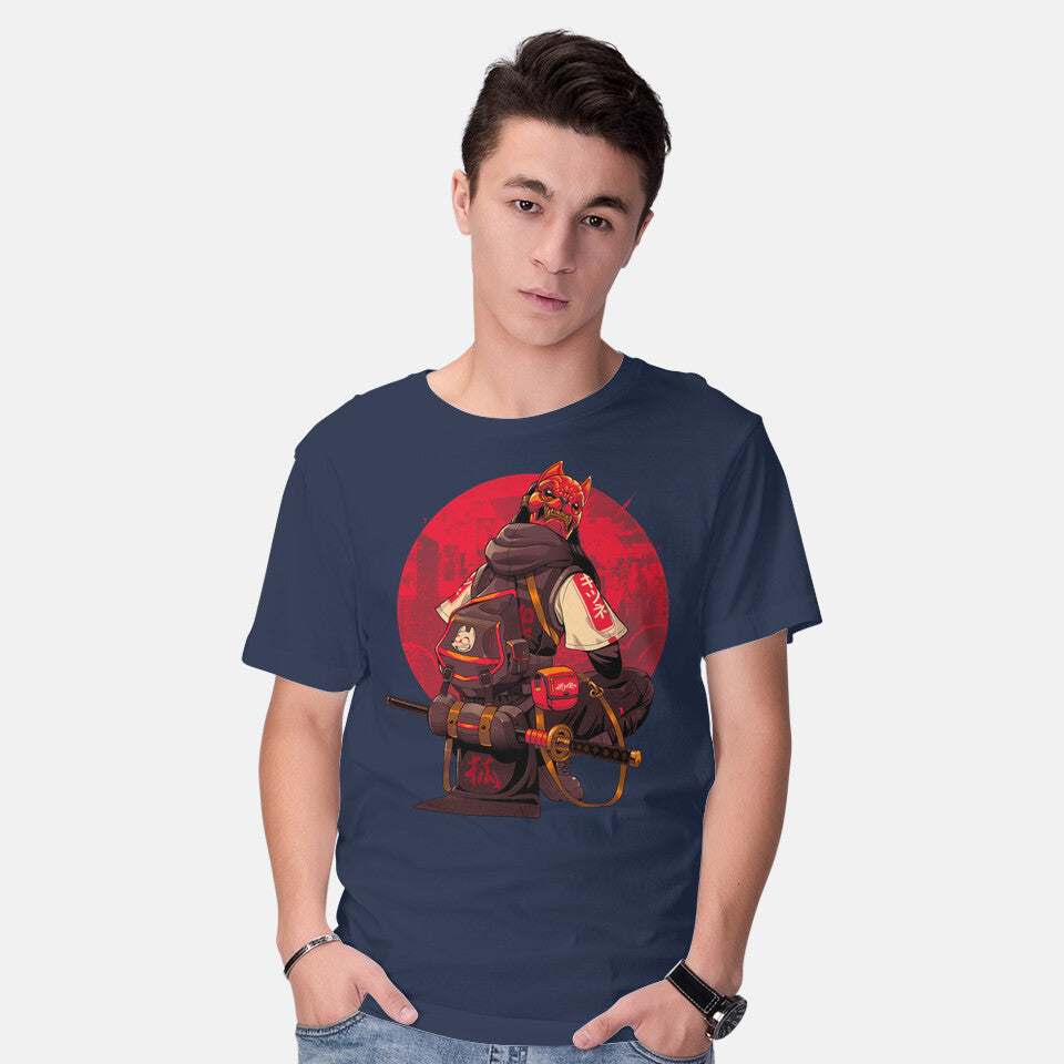 Model wearing navy Red Kitsune Samurai Graphic T-Shirt