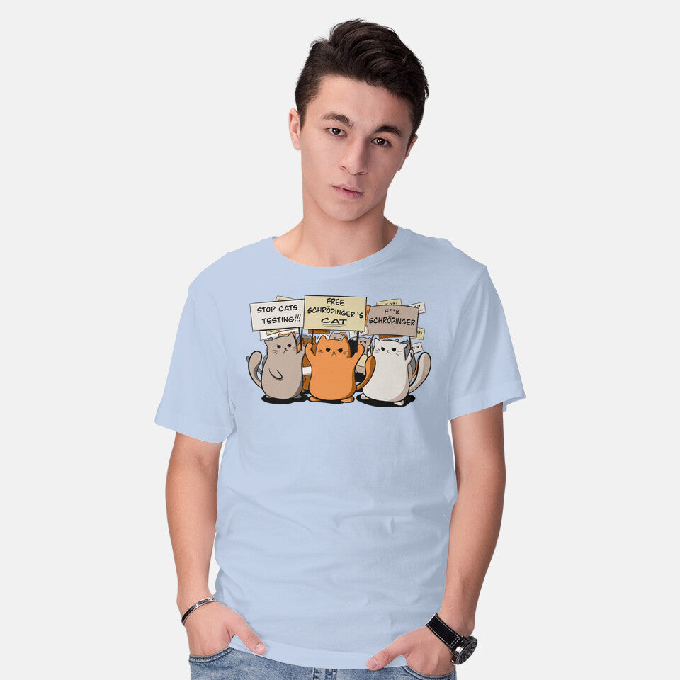 Model wearing blue Cats Protest – Cat Graphic T-Shirt
