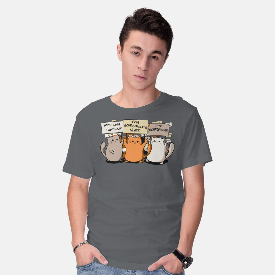Model wearing charcoal Cats Protest – Cat Graphic T-Shirt