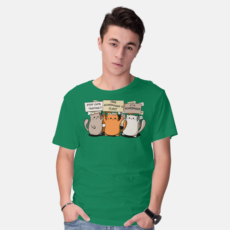 Model wearing green Cats Protest – Cat Graphic T-Shirt