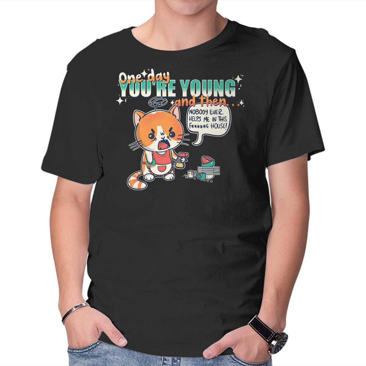 One Day – Cat Graphic T-Shirt in black, product display