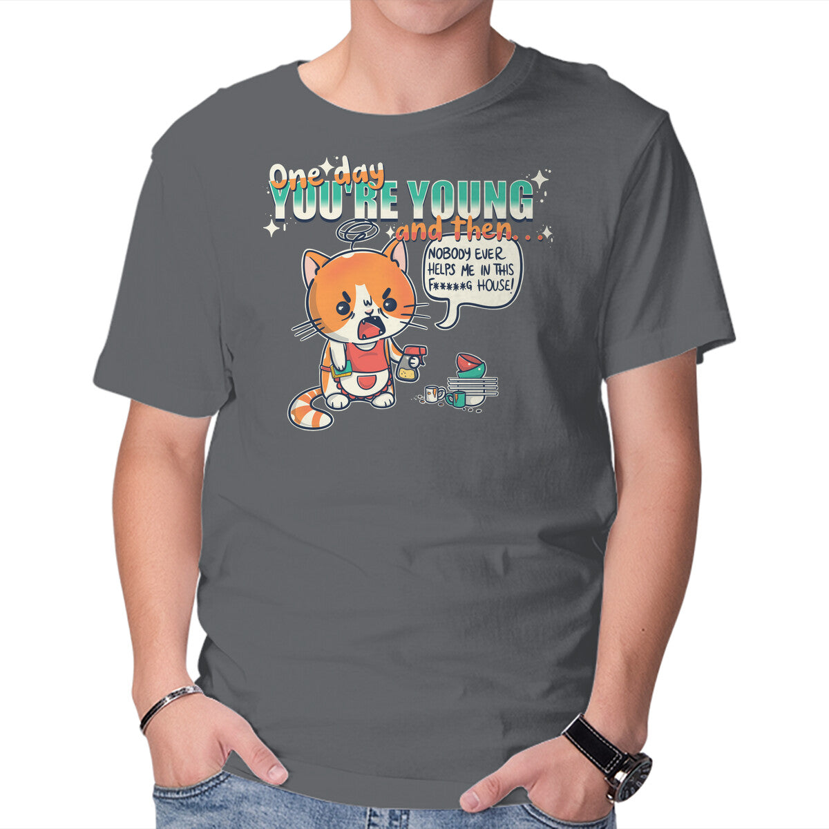 One Day – Cat Graphic T-Shirt in charcoal, product display
