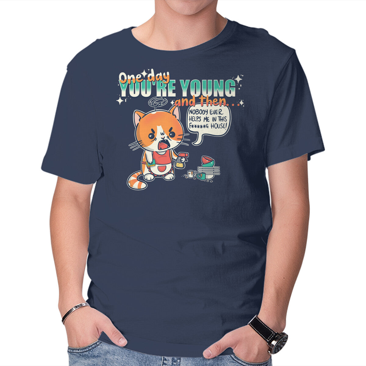 One Day – Cat Graphic T-Shirt in navy, product display