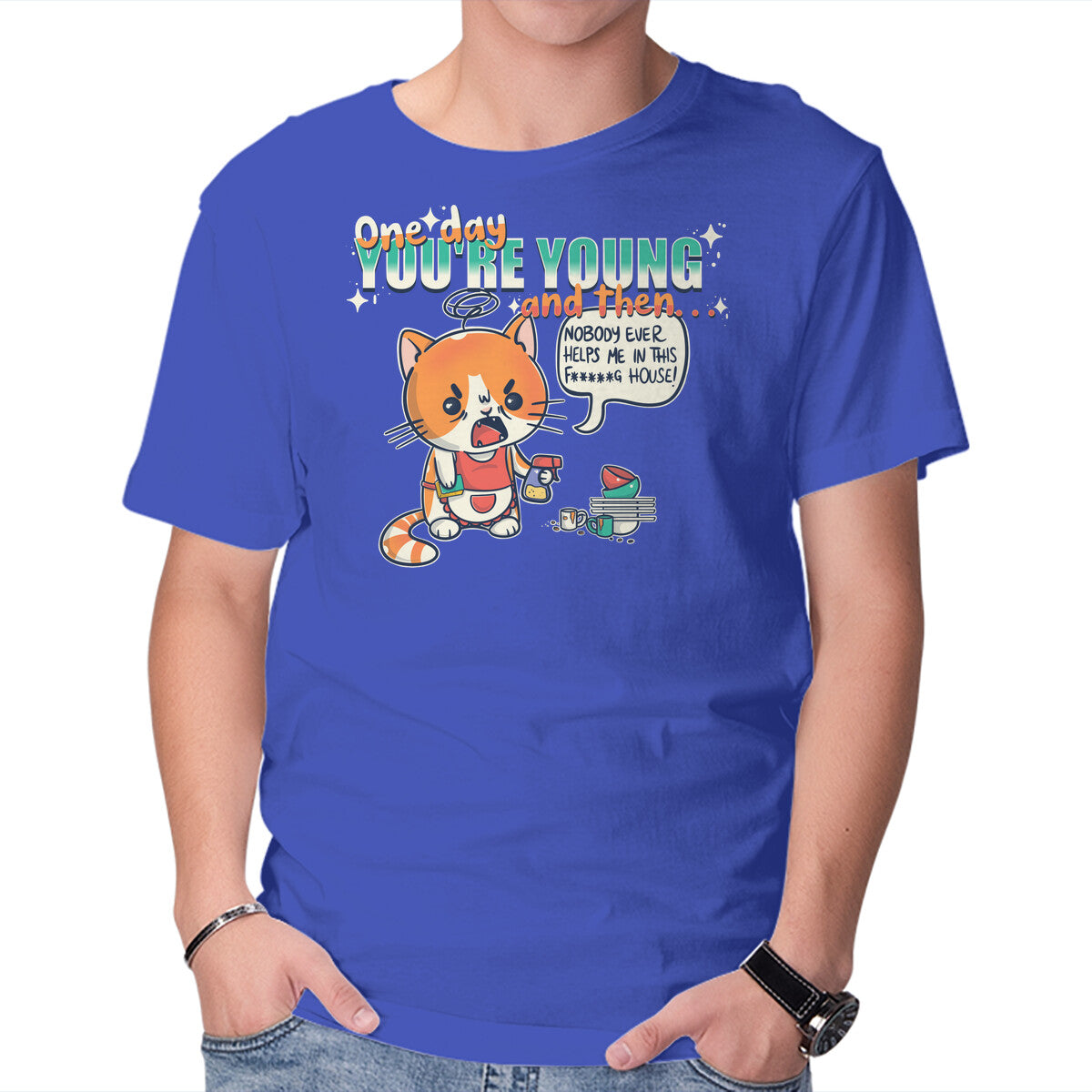 One Day – Cat Graphic T-Shirt in royal blue, product display
