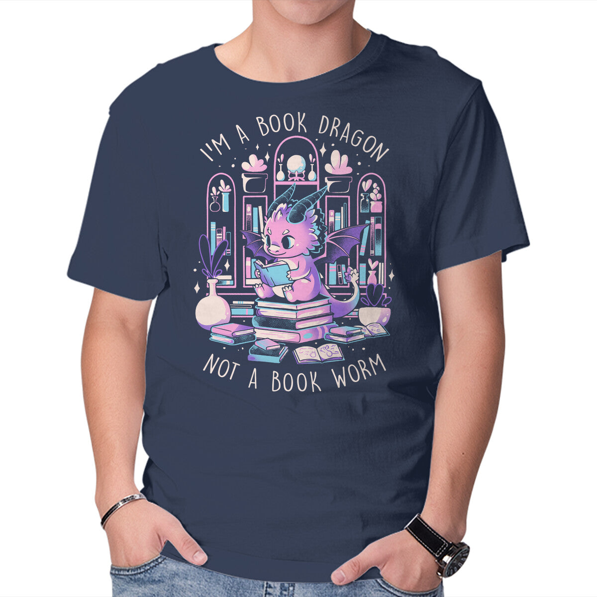 BookDragon – Fantasy Graphic T-Shirt in navy, product display