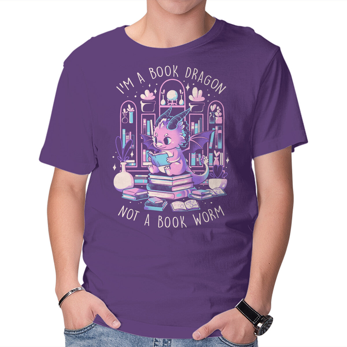 BookDragon – Fantasy Graphic T-Shirt in purple, product display