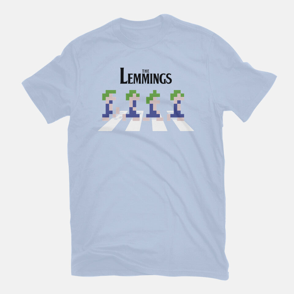 Lemmings Road – Gaming Graphic T-Shirt in blue, flat-lay product view
