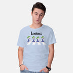 Model wearing blue Lemmings Road – Gaming Graphic T-Shirt