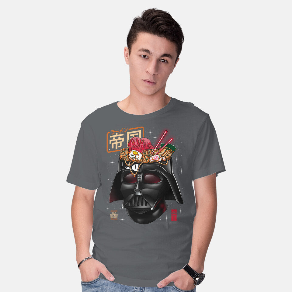 Model wearing charcoal Empire Ramen – Sci-Fi Graphic T-Shirt