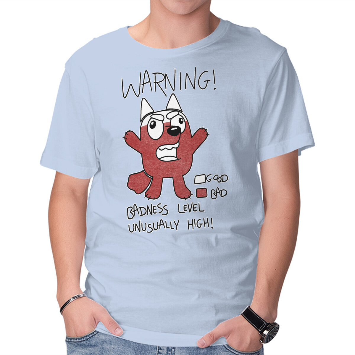 Muffin's Badness Level – Dog Graphic T-Shirt in blue, product display