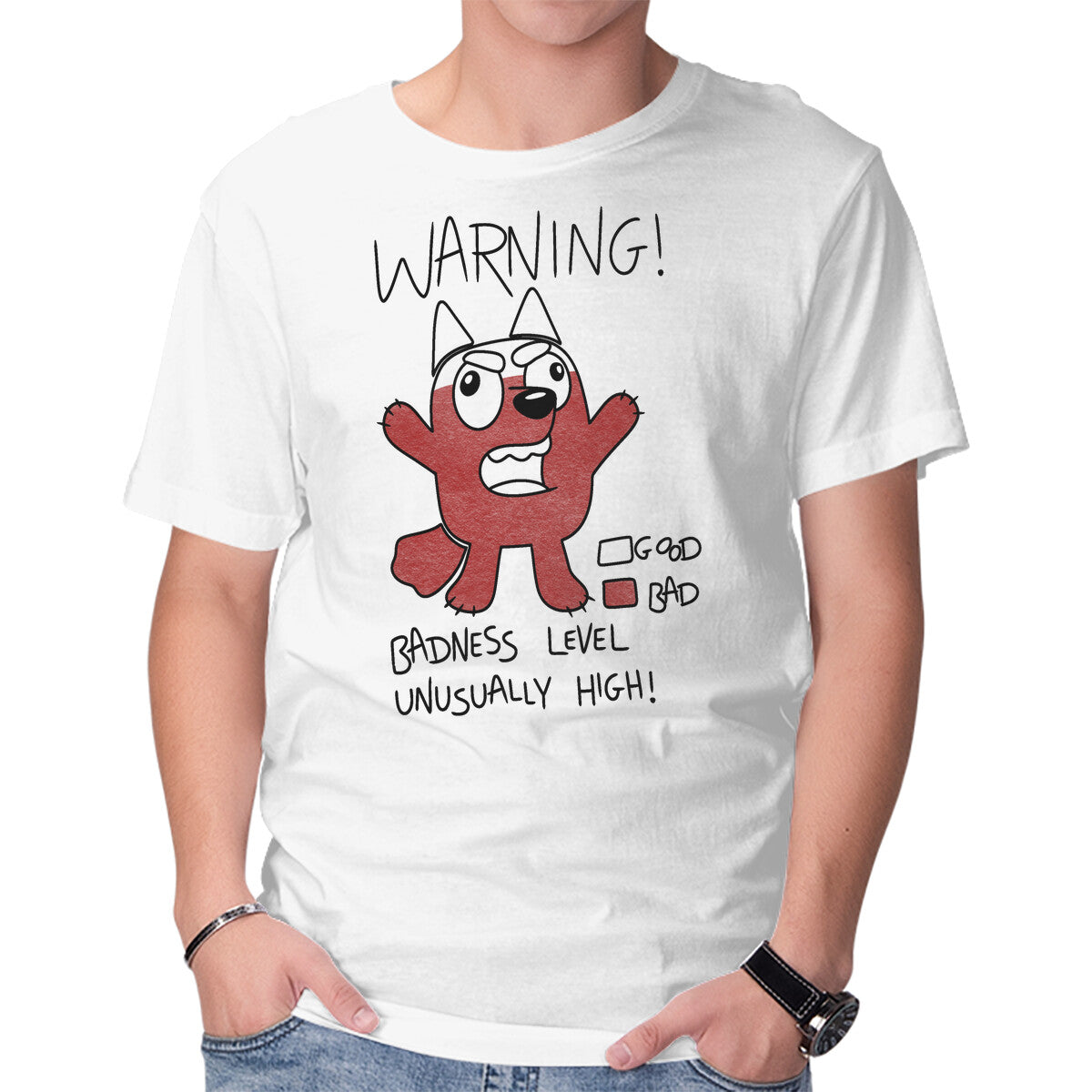 Muffin's Badness Level – Dog Graphic T-Shirt in white, product display