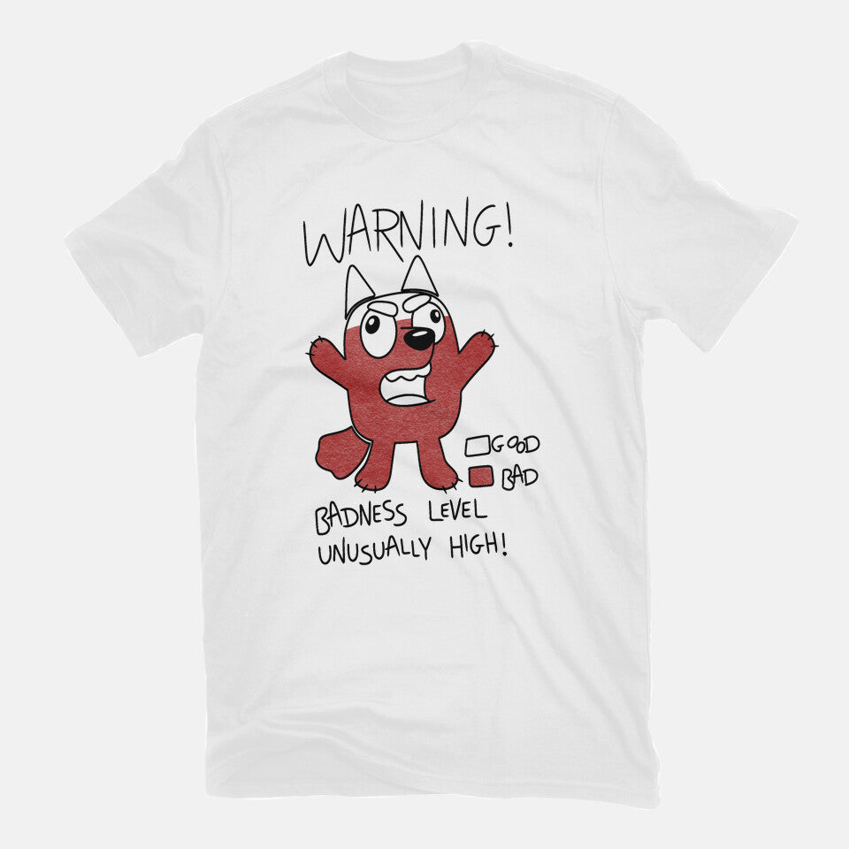 Muffin's Badness Level – Dog Graphic T-Shirt in white, flat-lay product view