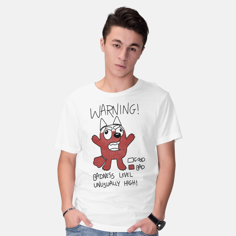 Model wearing white Muffin's Badness Level – Dog Graphic T-Shirt