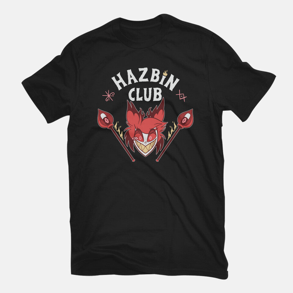 Hazbin Club – Funny Graphic T-Shirt in black, flat-lay product view