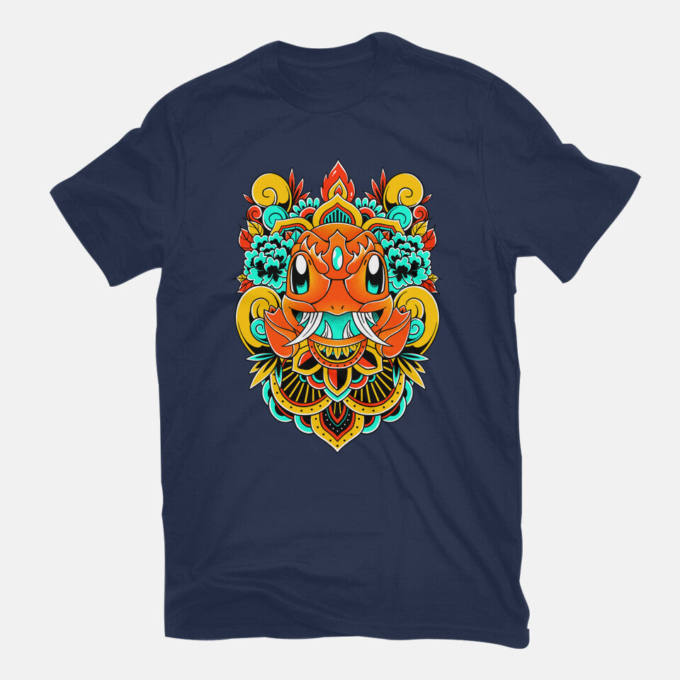 Fire Monster – Anime Graphic T-Shirt in navy, flat-lay product view