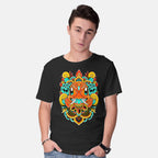 Model wearing black Fire Monster – Anime Graphic T-Shirt