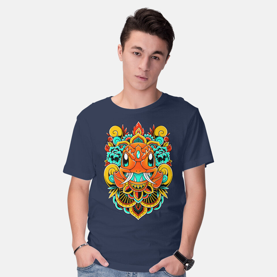 Model wearing navy Fire Monster – Anime Graphic T-Shirt