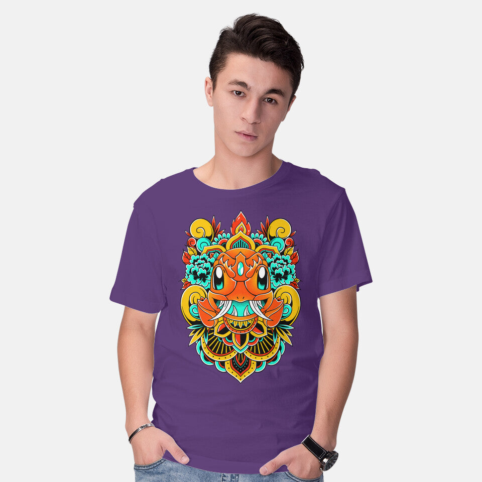 Model wearing purple Fire Monster – Anime Graphic T-Shirt